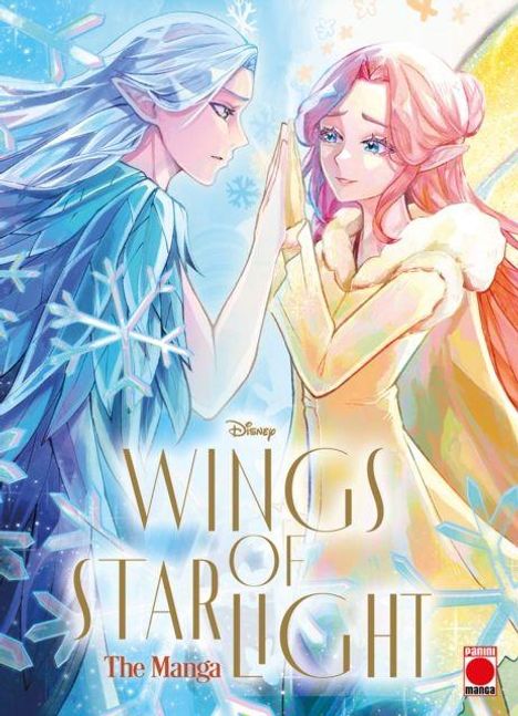 Text: "Wings of Starlight - The Manga." Zwei Figuren berühren sich sanft, umgeben von Schneeflocken und warmem Licht.