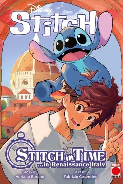 "Stitch in Time... in Renaissance Italy" ist ein Comiccover mit einem Jungen und Stitch vor einer Stadt mit Kuppelbauen.