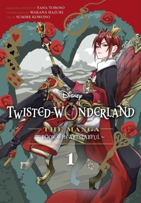 Text: "Twisted Wonderland", "The Manga", "Book of Heartslabyul", "1". Illustration: Roter Thron, Figur in rotem Umhang, Haltungs- und Pokerkarten.