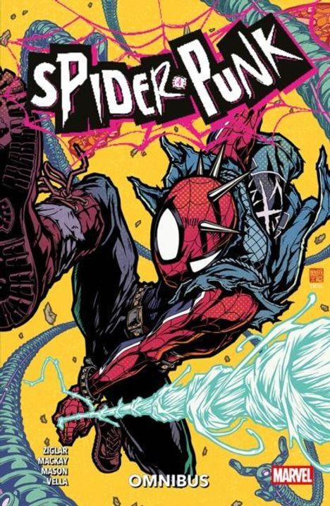 "Spider-Punk Omnibus" in großer Schrift. Comic-Stil, zeigt Spider-Punk in dynamischer Pose mit grellen Farben.