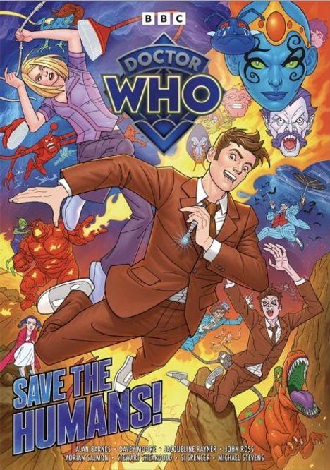 "Doctor Who", "Save the Humans!". Cartoonstil, Figuren in Actionpose, Aliens im Hintergrund, betont dynamische Szene.