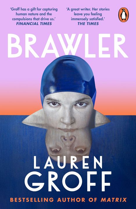 Zitate von Financial Times und The Times über Lauren Groff. Illustrationen von einem Gesicht mit blauer Badekappe über Wasser.