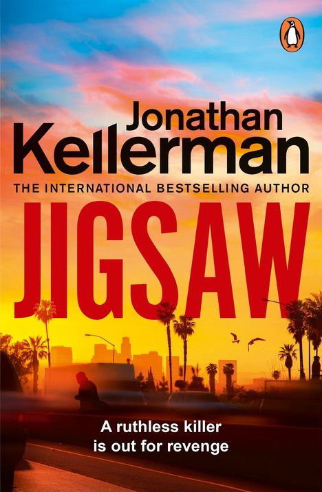 "Jonathan Kellerman, JIGSAW, A ruthless killer is out for revenge" vor einem Sonnenuntergang mit Palmen und Skyline.