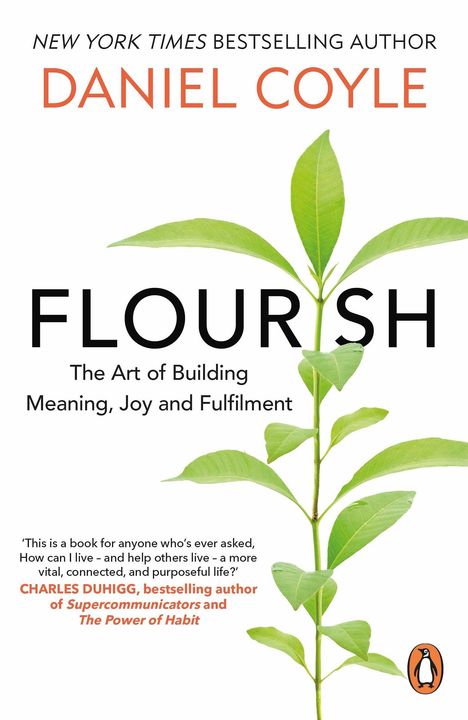 Text: "NEW YORK TIMES BESTSELLING AUTHOR DANIEL COYLE FLOURISH The Art of Building Meaning, Joy and Fulfilment."  
Bild: Grüner Zweig mit Blättern.