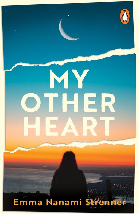 „MY OTHER HEART“ und „Emma Nanami Strenner“. Eine Silhouette vor einem farbigen Sonnenuntergang mit Mondsichel. Logo oben rechts.