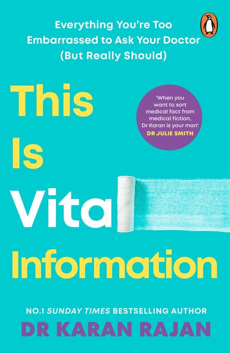 Titel „This Is Vital Information“ in Gelb und Weiß, Autor Dr. Karan Rajan. Rechts oben ein Pinguin-Logo.