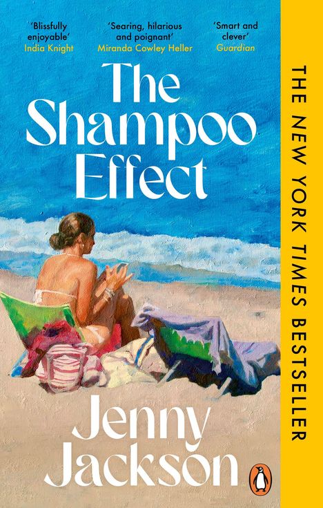 „The Shampoo Effect“ und „Jenny Jackson“ stehen groß in Weiß. Eine Frau sitzt am Strand, lehnt sich zurück.