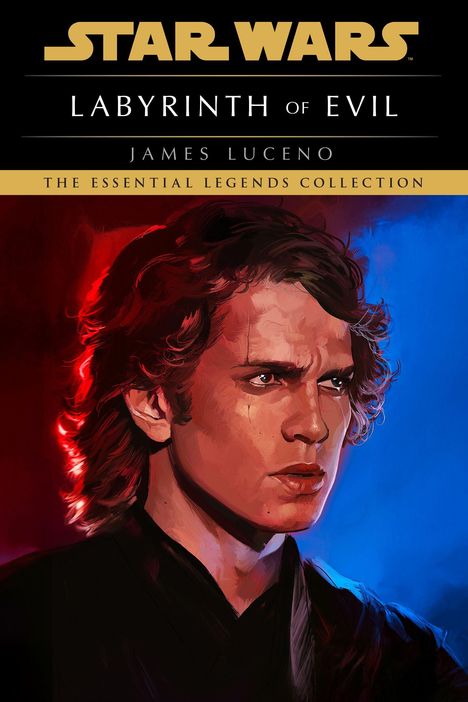 "Star Wars Labyrinth of Evil" von James Luceno. Illustration eines Mannes mit entschlossenem Blick, rot-blauer Hintergrund.