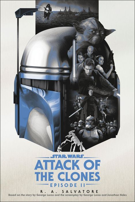 "STAR WARS: ATTACK OF THE CLONES EPISODE II R. A. SALVATORE." Eine Collage mit Figuren und Szenen aus einem Sci-Fi-Film.