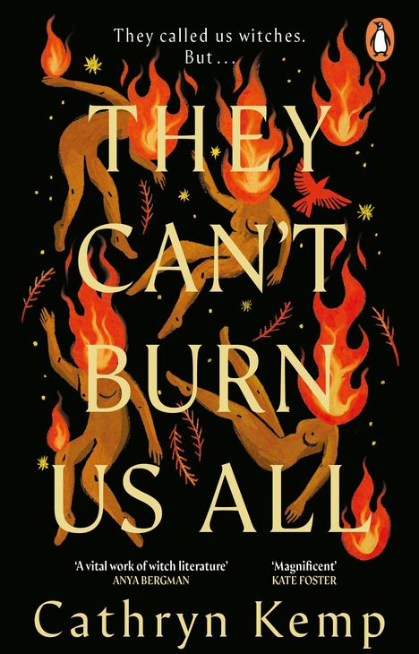 "They called us witches. But... THEY CAN'T BURN US ALL" ist in großen Buchstaben geschrieben. Figuren in Flammen, schwarzer Hintergrund.