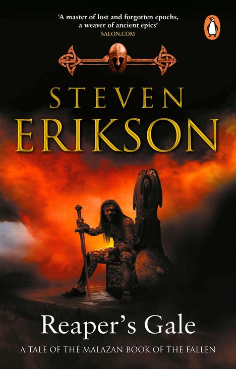„Reaper’s Gale“ von Steven Erikson. Illustration: Krieger mit Speer auf Thron, umgeben von dramatischem Sonnenuntergang.