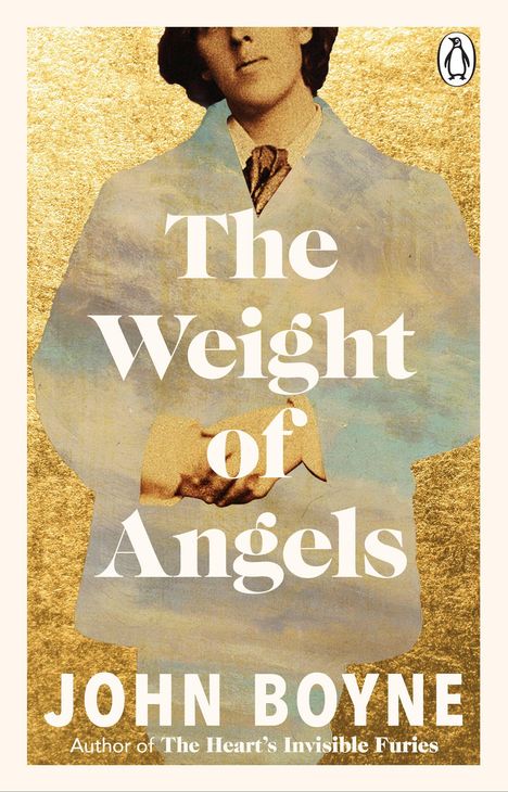„The Weight of Angels“ steht groß auf einer goldenen Textur. Darunter „John Boyne“. Oben rechts ist ein Pinguin-Logo.