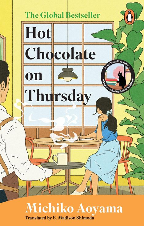 "Hot Chocolate on Thursday", Michiko Aoyama. Illustration: Frau am Tisch mit Tasse, Mann im Vordergrund.