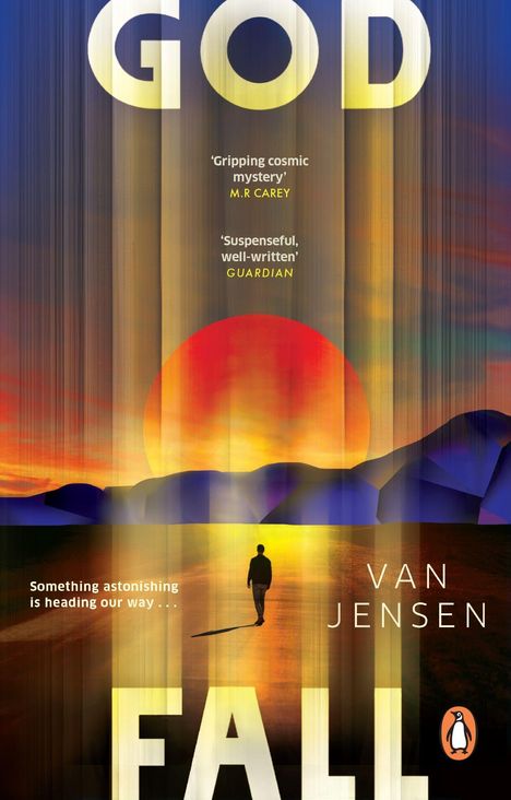 "Something astonishing is heading our way..." Van Jensen. Eine Person geht in Richtung eines großen, roten Sonnenuntergangs.