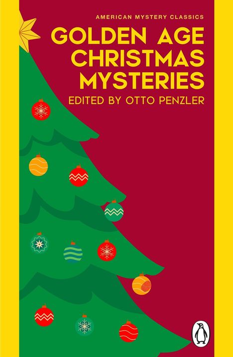 „Golden Age Christmas Mysteries“, oben gelber Rand, links grüner Weihnachtsbaum mit Kugeln, unten Pinguin-Logo.