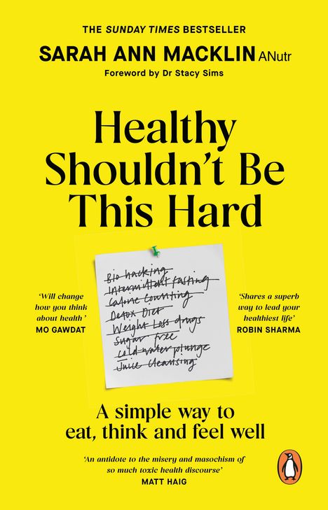 "Healthy Shouldn't Be This Hard." Gelber Hintergrund, Notizzettel mit durchgestrichenen Diätmethoden, Pinguin-Logo rechts unten.
