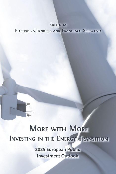 "Edited by Floriana Cerniglia and Francesco Saraceno. More with More: Investing in the Energy Transition. 2025 European Public Investment Outlook." 

Hintergrund: Nahaufnahme eines Windradflügels vor Wolken.