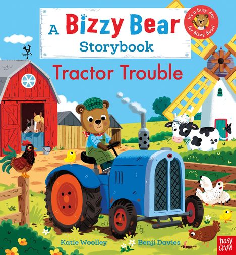 Ein Bär fährt auf einem blauen Traktor. Tiere umgeben ihn auf einem Bauernhof. "Bizzy Bear Tractor Trouble" steht oben.