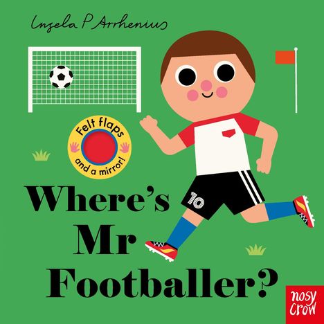„Where’s Mr Footballer?“ – Ein Cartoon-Fußballer mit einem Ball und Tor, bunte Grafik.