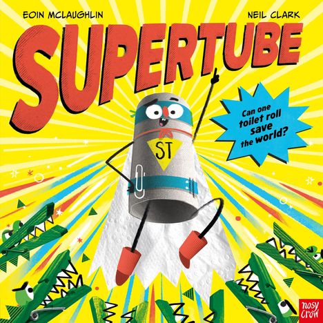 Ein Toilettenrollen-Superheld mit Cape und Gummistiefeln fliegt, umgeben von bunten Krokodilen und dynamischen Strahlen.