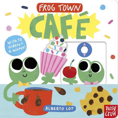 Text: "Frog Town Café", "With 10 sliders + a mirror!", "Alberto Lot". Illustration: Frösche mit Keksen, Tasse und Kirsche.