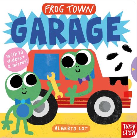 Bunte Illustration: "Frog Town Garage" in großen Buchstaben, zwei fröhliche grüne Frösche mit Schleifen vor einem roten Auto.