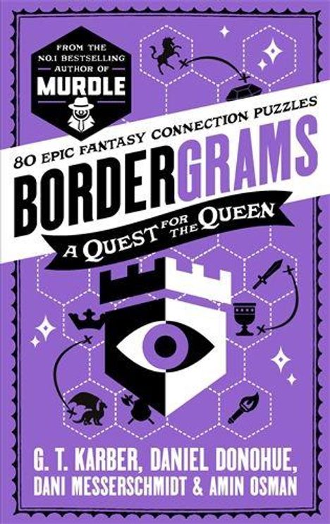 "Bordergrams: A Quest for the Queen" in großen Buchstaben, violetter Hintergrund, fantasy-bezogenes Design mit Schlüsselsymbolen.