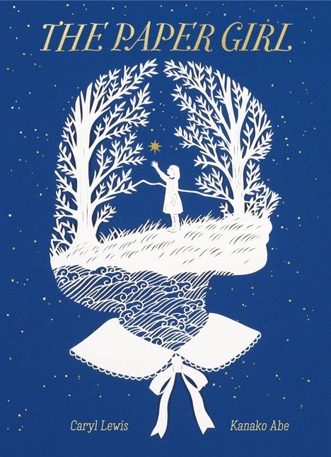 „THE PAPER GIRL“ in goldener Schrift, Mädchen, das auf einer Insel unter Bäumen nach einem Stern greift.