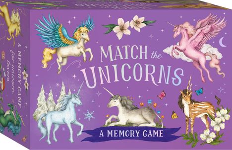 „MATCH the UNICORNS: A MEMORY GAME“ steht auf einem lila Hintergrund. Verschiedene farbige Einhörner und Blumen sind abgebildet.