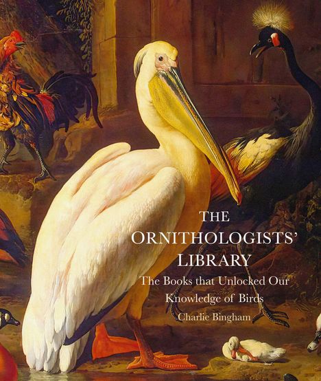 Text: "THE ORNITHOLOGISTS' LIBRARY: The Books that Unlocked Our Knowledge of Birds - Charlie Bingham." 

Großer Pelikan und bunte Vögel.