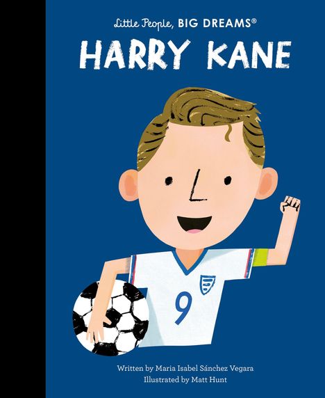 Oben steht "HARRY KANE". Darunter sieht man eine Illustration eines Fußballspielers im Trikot mit einem Ball.