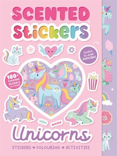 "Scented Stickers Unicorns" in bunten Buchstaben. Illustrationen von Einhörnern, Herzen, Popcorn und Regenbogen.