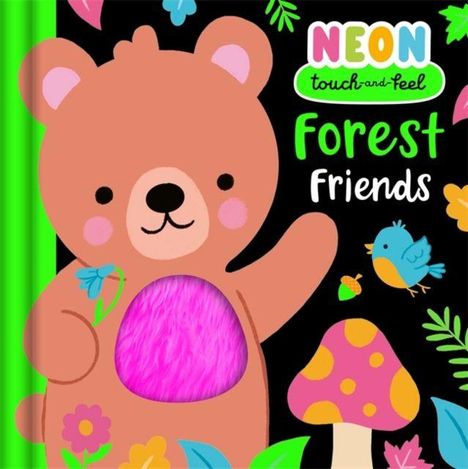 "NEON touch-and-feel Forest Friends". Ein lächelnder Bär mit pinkem Fellbauch, umgeben von bunten Waldtieren und Pflanzen.