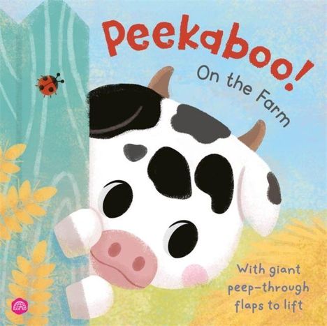 „Peekaboo! On the Farm“ in roten und schwarzen Buchstaben. Illustration einer Kuh, die hinter einem Zaun hervorschaut.
