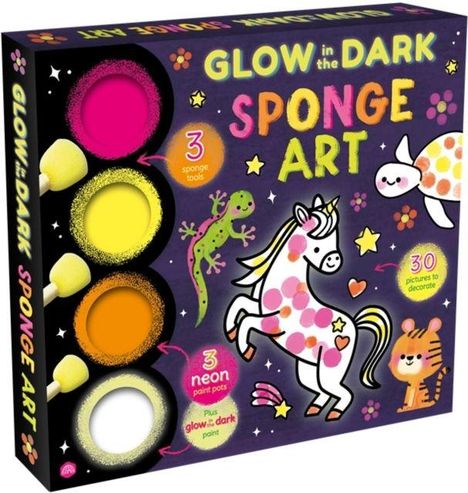 "Glow in the Dark Sponge Art", drei Schwammwerkzeuge, drei Neonfarbtöpfe. Ein Einhorn, Gecko, Schildkröte und Tiger.