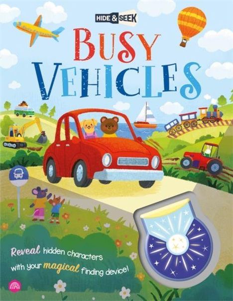 Text: "Busy Vehicles. Reveal hidden characters with your magical finding device!" Illustration: Tiere im Auto, bunte Fahrzeuge.