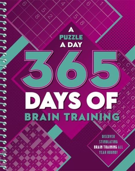 „A Puzzle a Day: 365 Days of Brain Training“. Hintergrund mit Rätseln und Texten in Lila und Türkis.