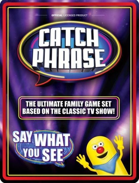 „CATCH PHRASE“, „THE ULTIMATE FAMILY GAME SET...“, „SAY WHAT YOU SEE“. Ein animierter, gelber, lachender Charakter.
