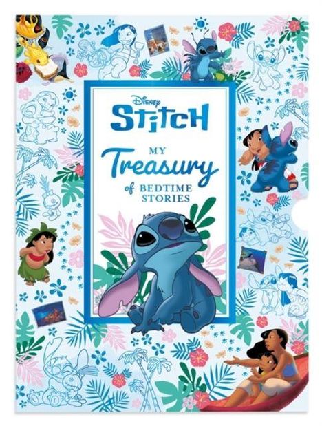 "Disney Stitch: My Treasury of Bedtime Stories". Illustrationen von Stitch und Charakteren aus "Lilo & Stitch" umgeben den Text.