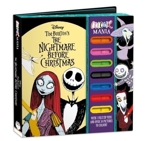 "Disney Tim Burton's The Nightmare Before Christmas" und "Colour Mania" mit bunten Stiften und Halloween-Charakteren.
