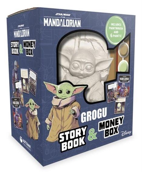 "The Mandalorian", "Story Book & Money Box", "Grogu". Illustration eines kleinen grünen Wesens, Farben und Pinsel.