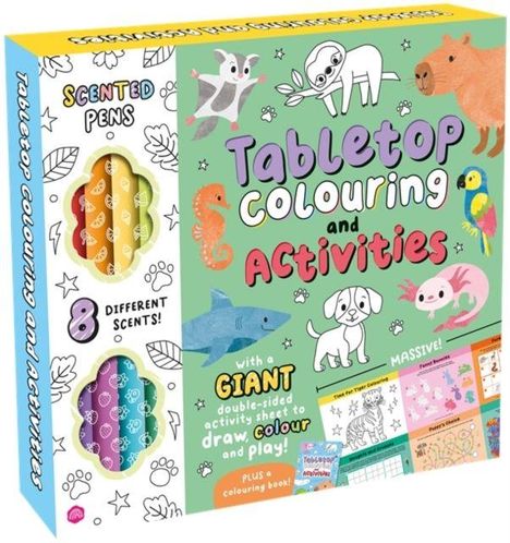 "Tabletop Colouring and Activities" in bunten Buchstaben, mit Illustrationen von Tieren und Farbgeruchsstiften.