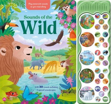 "Sounds of the Wild", Illustration mit bunten Dschungeltieren, Tastenfeld mit Bildern von Tieren und Natur.