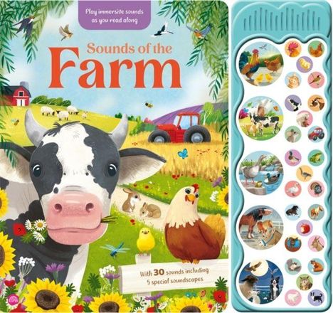 „Sounds of the Farm“, untere Texte: „With 30 sounds including 5 special soundscapes“. Illustration mit Bauernhoftieren.