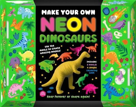 "MAKE YOUR OWN NEON DINOSAURS" in leuchtenden Farben. Bunte Dinosaurier-Illustrationen umrahmen den Text.