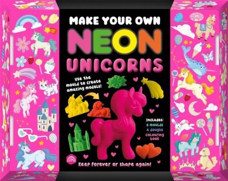 Text in bunten Buchstaben: "MAKE YOUR OWN NEON UNICORNS". Mittig steht ein neonpinkes Einhorn. Umgeben von Einhornmotiven.