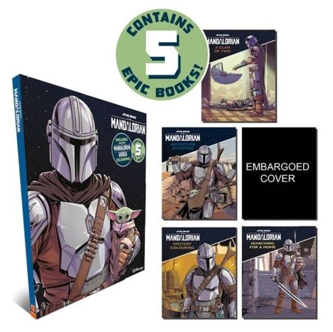 "CONTAINS 5 EPIC BOOKS!", "MANDALORIAN", "EMBARGOED COVER"; Comic-Stil mit Figuren in Rüstungen und Helm.