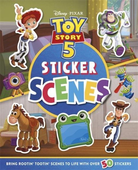 "Toy Story 5 Sticker Scenes" steht im Zentrum. Figuren wie Woody, Buzz und Jessie sind um einen blauen Kreis verteilt.