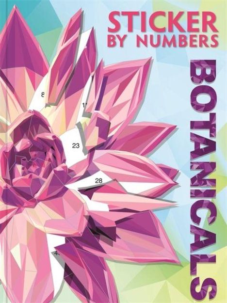 STICKER BY NUMBERS BOTANICALS. Eine bunte geometrische Illustration einer Blume mit nummerierten Segmenten.