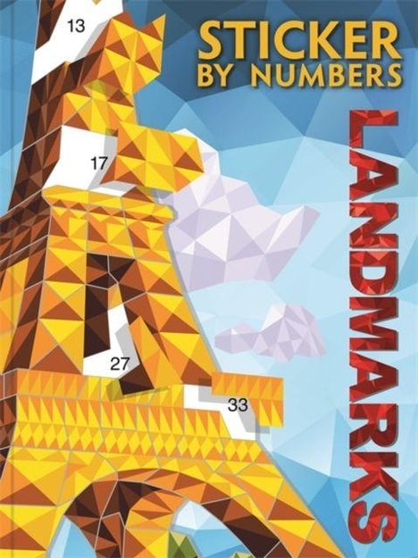 "Sticker by Numbers: Landmarks." Illustration des Eiffelturms mit nummerierten geometrischen Formen.